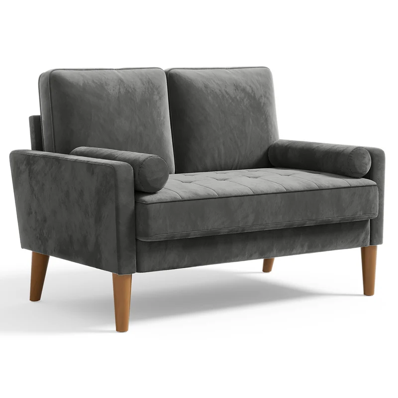Velvet Loveseat – Kleine Bank – Moderne Sofa – Tufted Zitzetel – Settee – Compact Formaat – Duurzaam Hardhouten Frame – Zachte Grijze Velvet