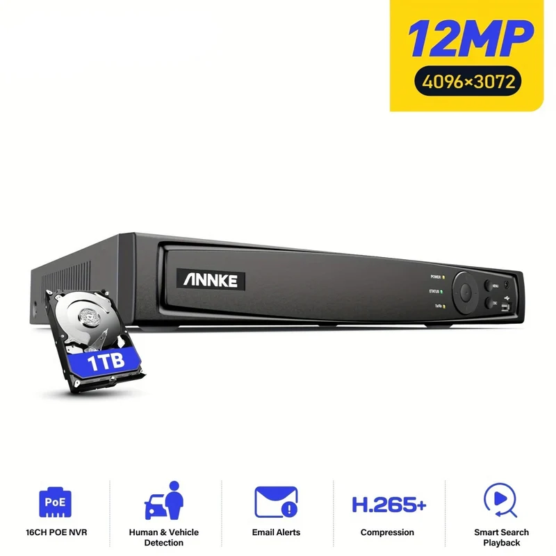 Netwerkvideorecorder – NVR – Beveiligingsrecorder – Video-opnamesysteem – 16-Kanaals Recorder – 12MP Ultra HD – PoE Plug & Play – 1TB Opslag