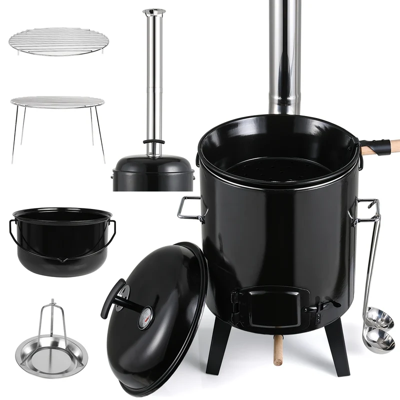 Gourmetstel – Raclette – Gourmetset – Fondue – Tafelgrill – Buitenoven met 17L + 8L geëmailleerde pannen – Ingebouwde thermometer & verstelbare ventilatie