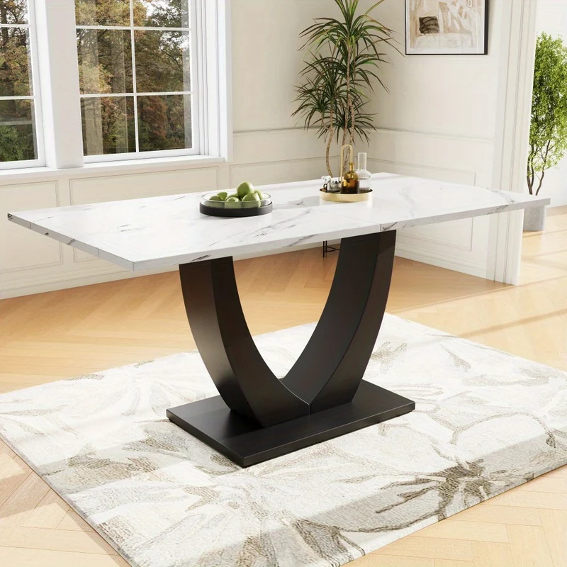 140 x 80cm Dining Table, Modern Kitchen Table, Metal Frame Rectangular Dining Table Modern Marble Pattern Kitchen Table with Adjustable Feet for Dining Room Living Room