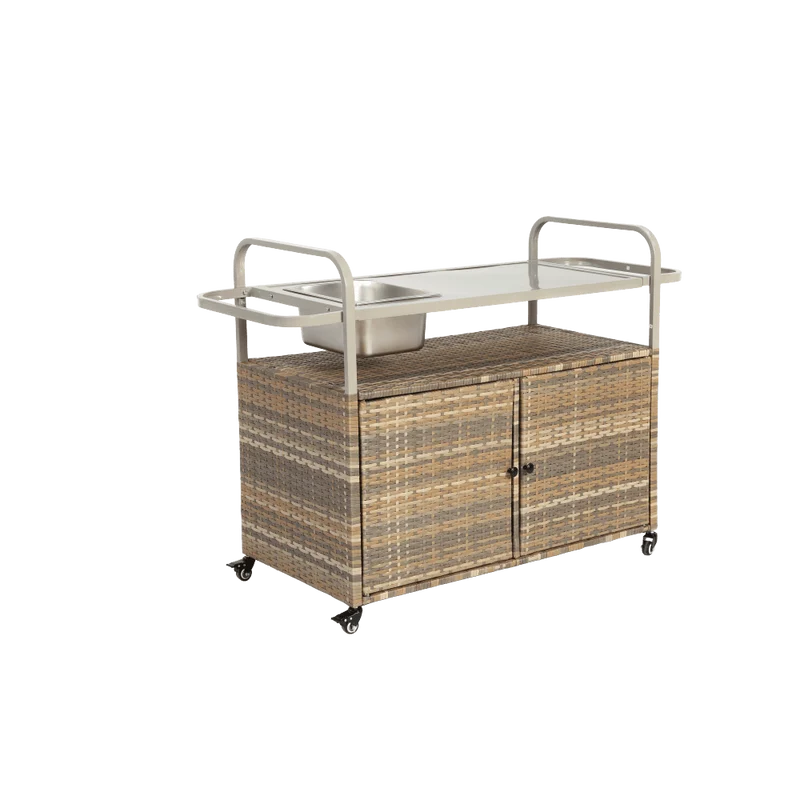 Wicker Bar Trolley – Barkaart – Serveerwagen – Buitenwagen – Tuinwagen – Beige Wicker – Met Metalen Tafelblad – Voorzien Van Vergrendelbare Wieltjes