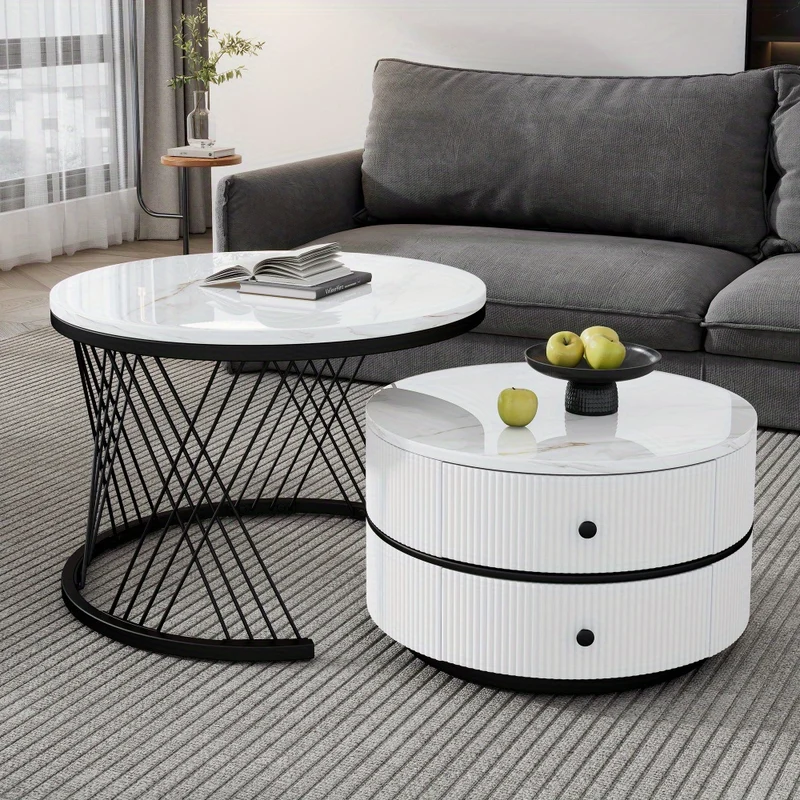 Salontafel Set – Koffietafel Set – Bijzettafel Set – Nestbare Tafels – Ronde Salontafels – Hoogglans Marmerlook – 2 Drawers – 60x60 & 50x50 cm - Wit