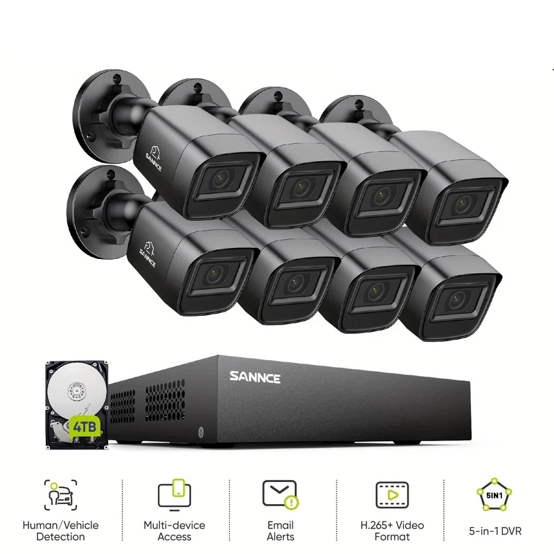 Bewakingscamera Systeem – Beveiligingscamera Set – Camerabewaking – CCTV Systeem – Surveillance Kit – 8 Kanaals – 4TB Opslag – Intelligente Mens- en Voertuigdetectie – Nachtzicht