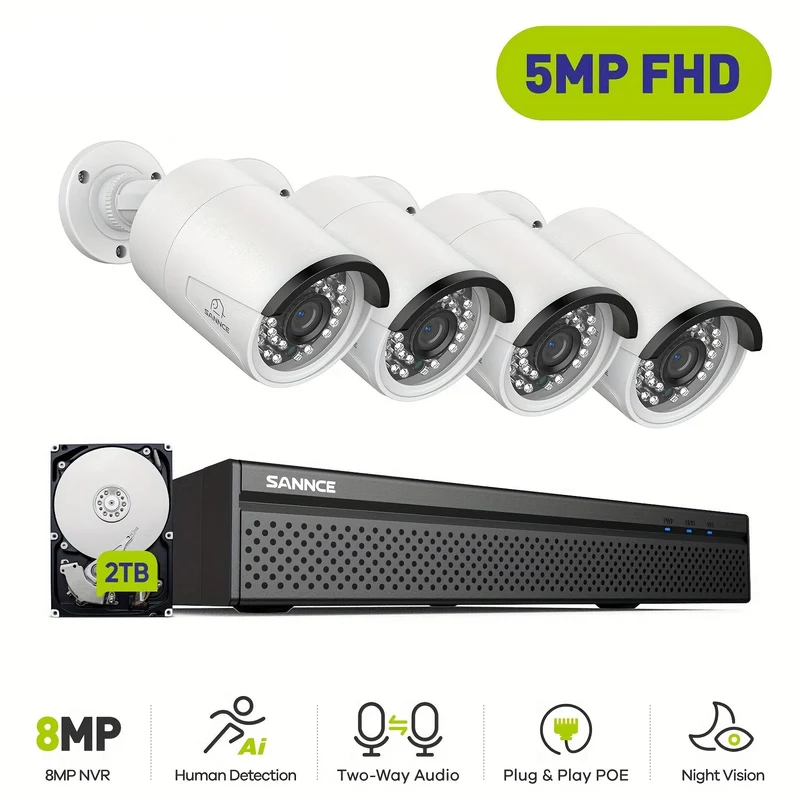 Beveiligingscamera Set – Bewakingscamera – Surveillance Camera – NVR Systeem – CCTV Systeem – 4 x 5MP HD Camera’s – 2TB Opslag – Nachtzicht met Infrarood – Geluidsopname