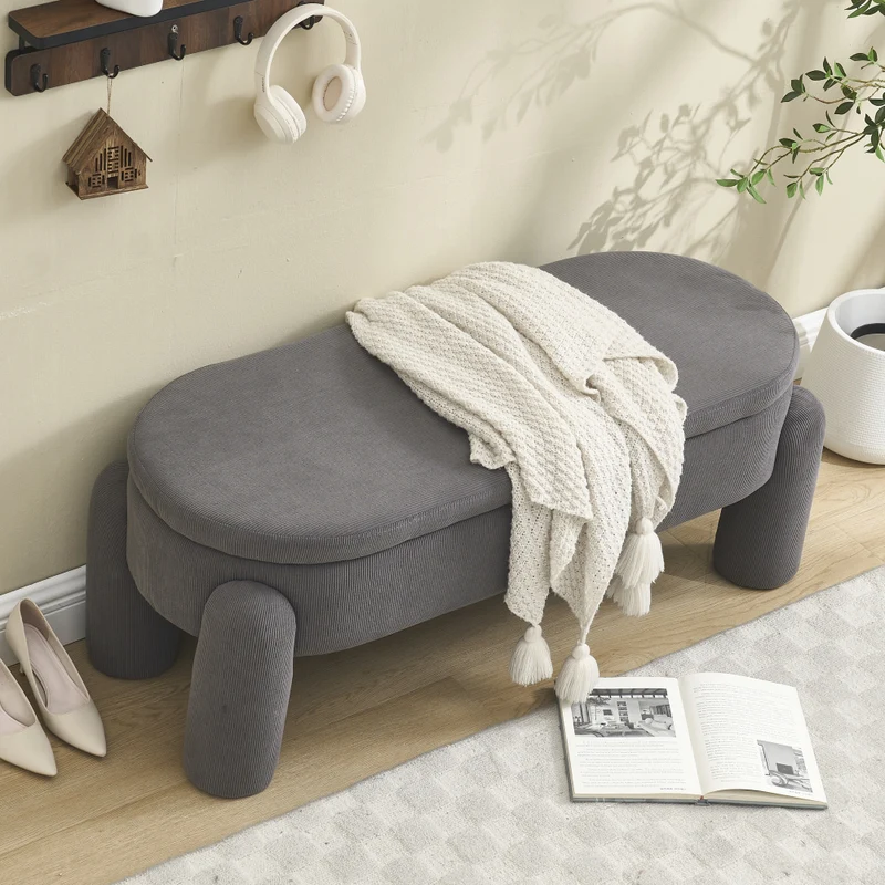 Opbergbank – Zitbank – Opbergkist – Halbank – Opbergbox – Massief Hardhouten Frame – Chenille Bekleding – Antislip Vierkant Design – Ruime Verborgen Opbergruimte – Beige Mix