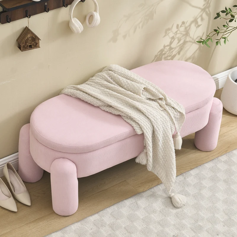 Opbergbank – Opbergbank – Zitbank – Opbergkist – Opbergbox – Roze Chenille Bekleding – Massief Houten Frame – Ruime Verborgen Opbergruimte – Antislip Vierkant Design
