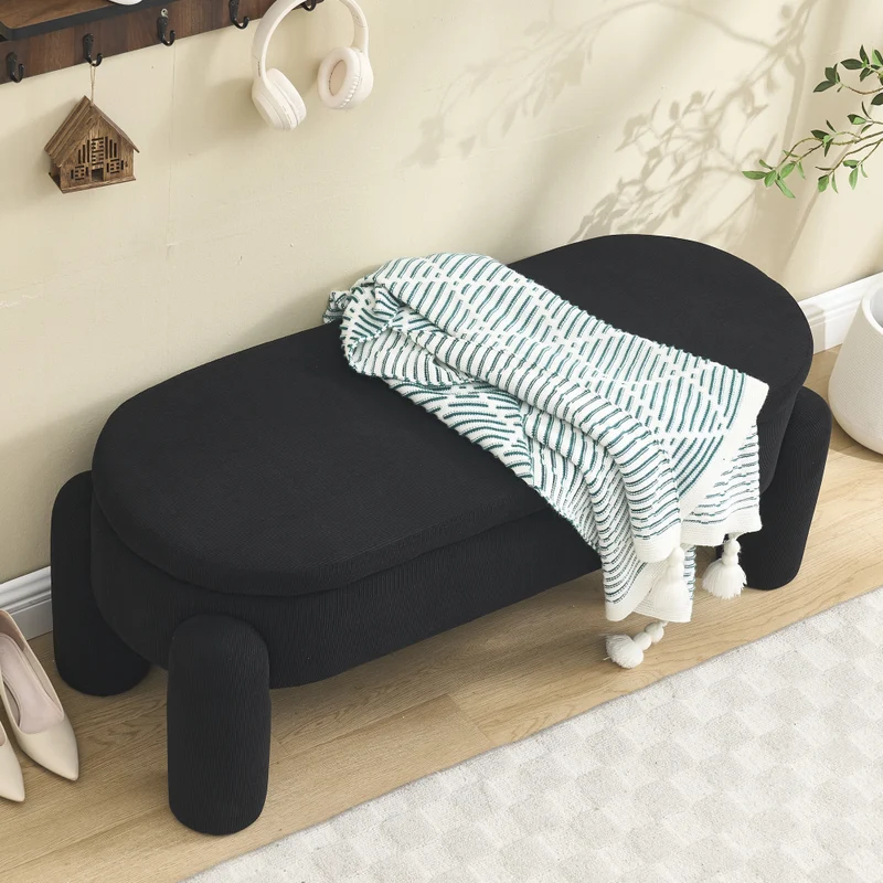 Opbergbank – Opbergbank – Zitbank – Opbergmeubel – Schoenenbank – Massief Houten Frame – Chenille Bekleding – Antislip Onderkant – Zwart