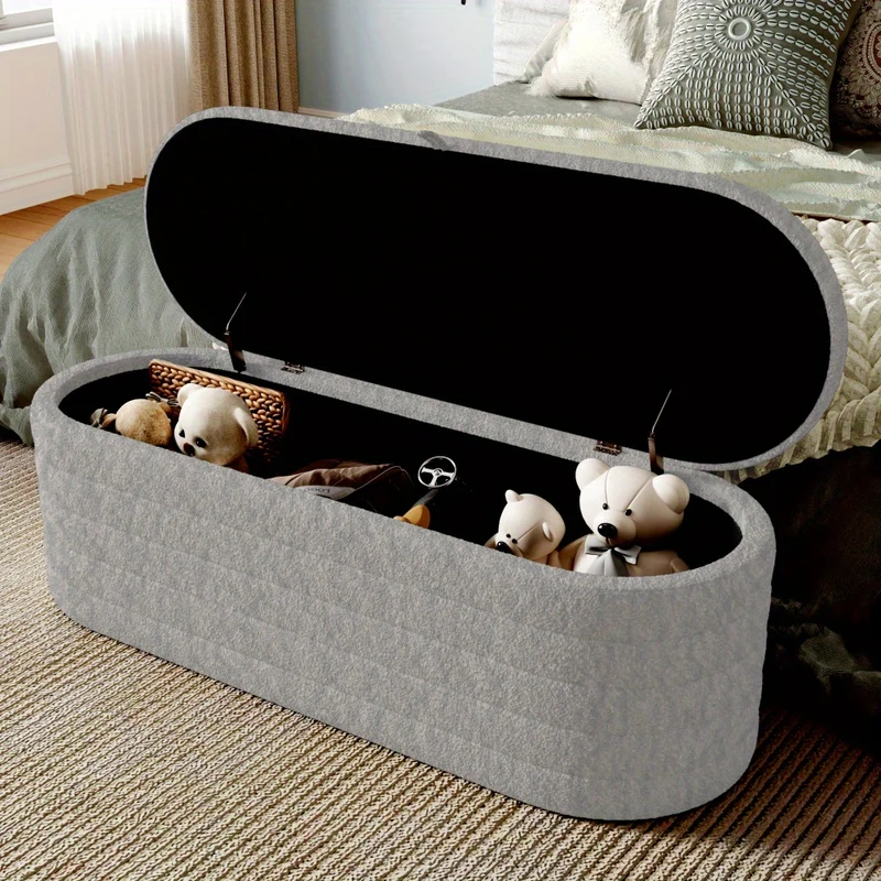Poef Met Opbergruimte – Opbergpoef – Voetenbank – Hocker – Zitkist – Groot 120x40 cm – Zachte Teddy Fleece Bekleding – Grijs
