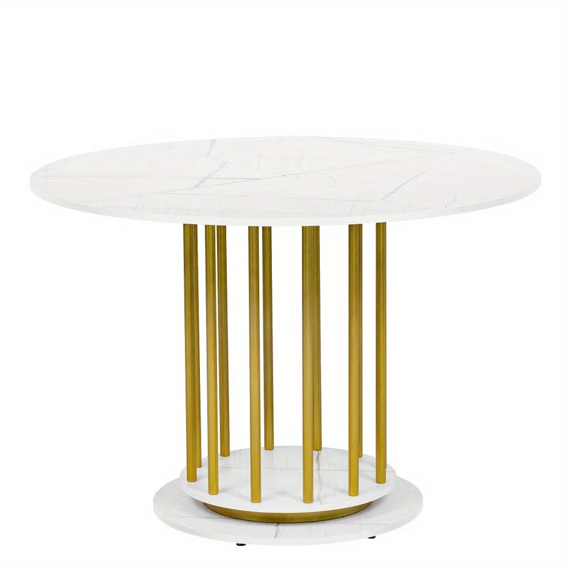 Ronde Eettafel – Eetkamertafel – Keukentafel – Tafel – Woonkamertafel – Wit Marmerlook Blad – Gouden Metalen Poten – Compact & Ruimtebesparend – Krasbestendig & Stevig