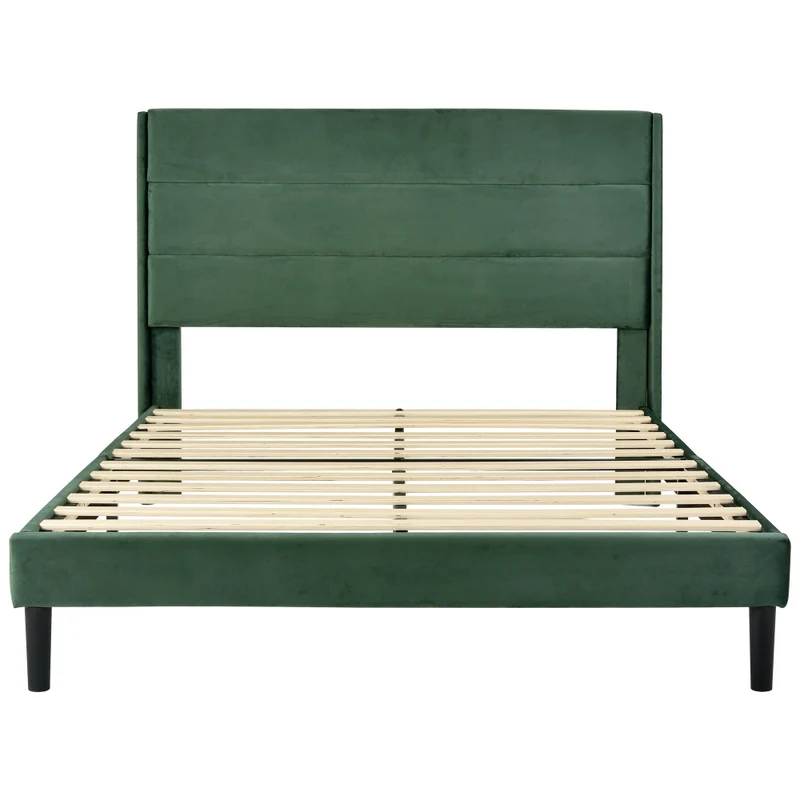 Bedbank 140x200 – Gestoffeerd Bed – Slaapbank – Tweepersoonsbed – Bedframe – Fluwelen Bekleding Donkergroen – Houten Lattenbodem – Modern Tijdloos Design