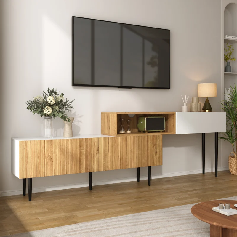Tv Meubel – Tv Kast – Televisiemeubel – Tv Dressoir – Tv Stand – Modulaire 2-delige Set – Wit Mat Met Houtlook – Zwarte Metalen Poot – Verstelbare Lengte – Modern Design