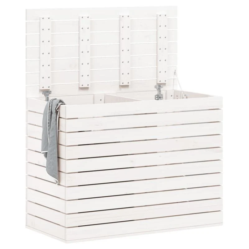 Wasmand – Wasbox – Wassorteerder – Waszak – Opbergmand – Massief Grenenhout – 3 Compartimenten Met Haken – 88,5x44x66 cm – Klassiek Wit – Stevig & Ademend Design