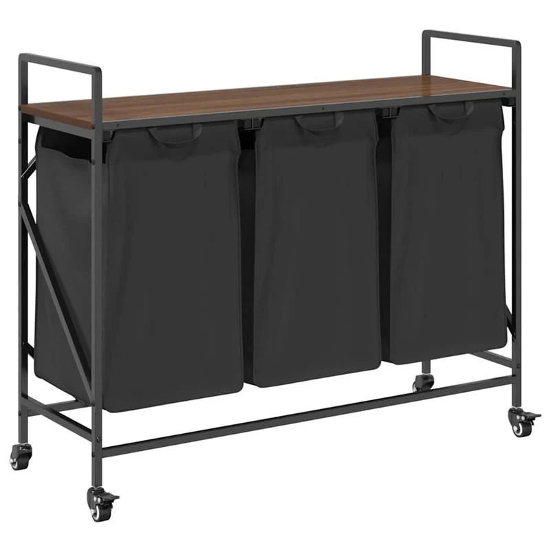 Wasmand – Wassorteerder – Wasbox – Opbergmand – Wasbak – 3 Vakken – Wieltjes – Stevig Bruin Eikenhout Frame – Duurzame Stof