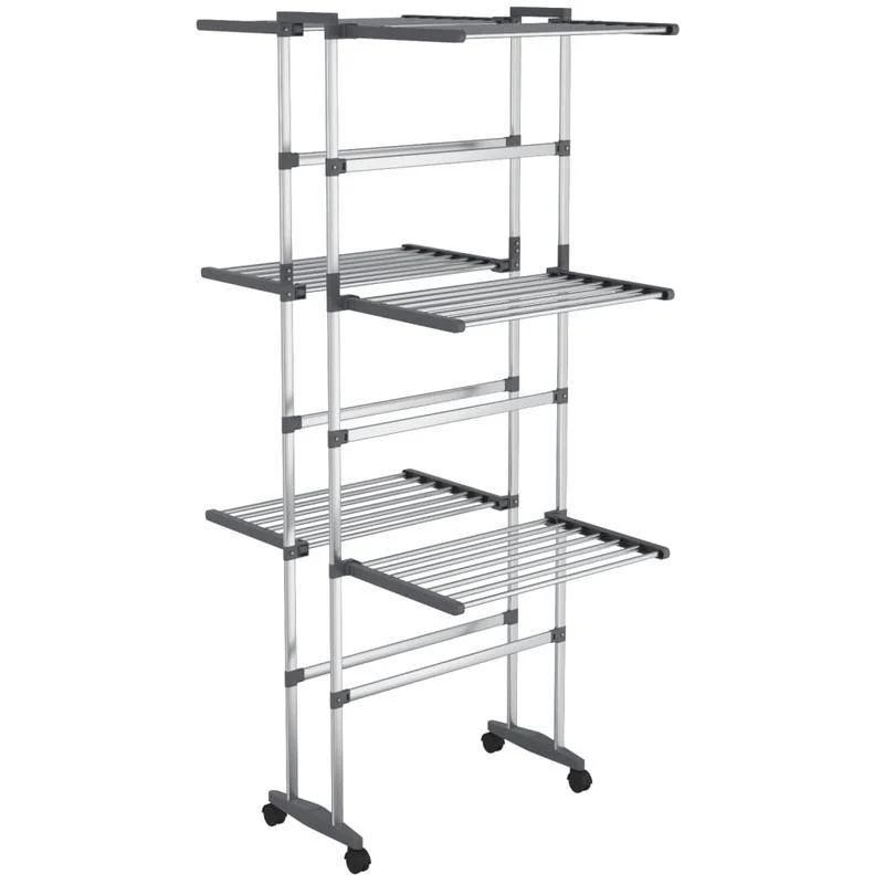 Droogrek – Droogstandaard – Wasrek – Kledingdroger – Driedelig Rek – Aluminium – Met Wieltjes – Inclusief Wasknijpers – Compact 60x70x129 cm – Roestvrij
