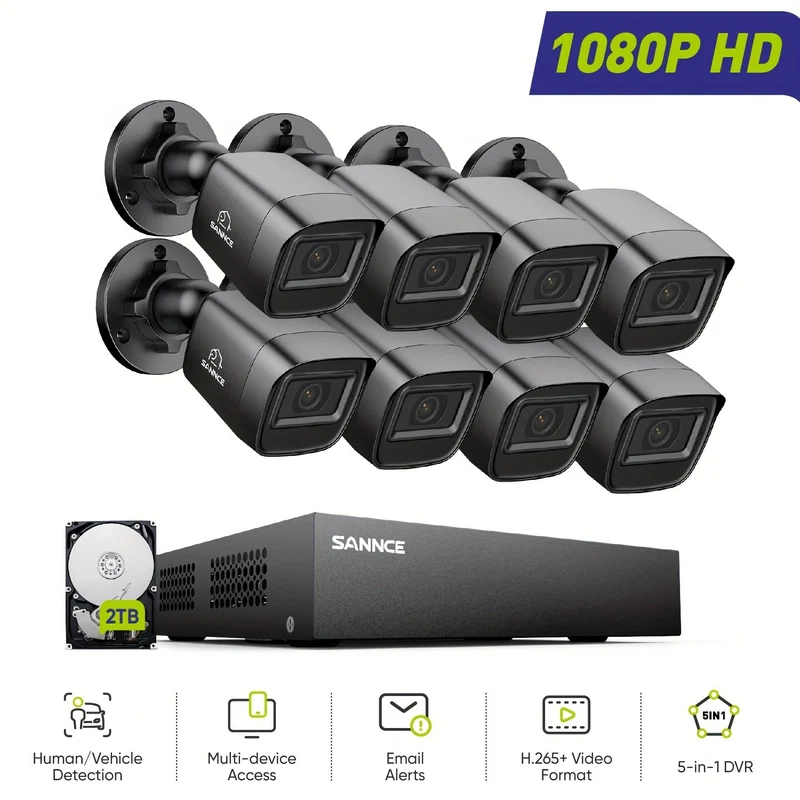 Beveiligingscamera Set – Camerasysteem – Surveillance Camera’s – CCTV Camera’s – Beveiligingskit – 1080P Full HD – 2TB Opslag met Nachtzicht en Mens- en Voertuigdectectie
