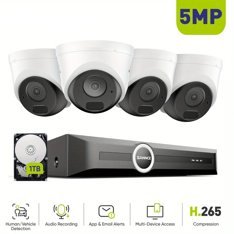 Beveiligingscamera Systeem – Bewakingscamera – Camerabewaking – CCTV Set – Surveillance Kit – 4x 5MP IP Camera’s – 1TB Opslag – Nachtzicht 30m & Audio Opname