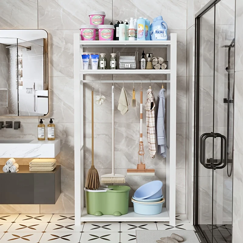 Opbergkast – Opbergmeubel – Wandkast – Schoonmaakkast – Badkamerkast – Met 6 Haken – 80 cm Kledingroede – Vrijstaand Wit – Duurzaam Metaal En Hout – 80x40x170 cm Space-Saving Design