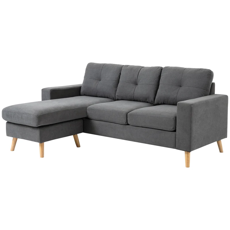 Hoekbank – Loungebank – Sofa – Hoeksalon – 3-Zitsbank – Linnen Look Stof – Chaise Longue – Stevig Houten Frame – 193x136x85 cm