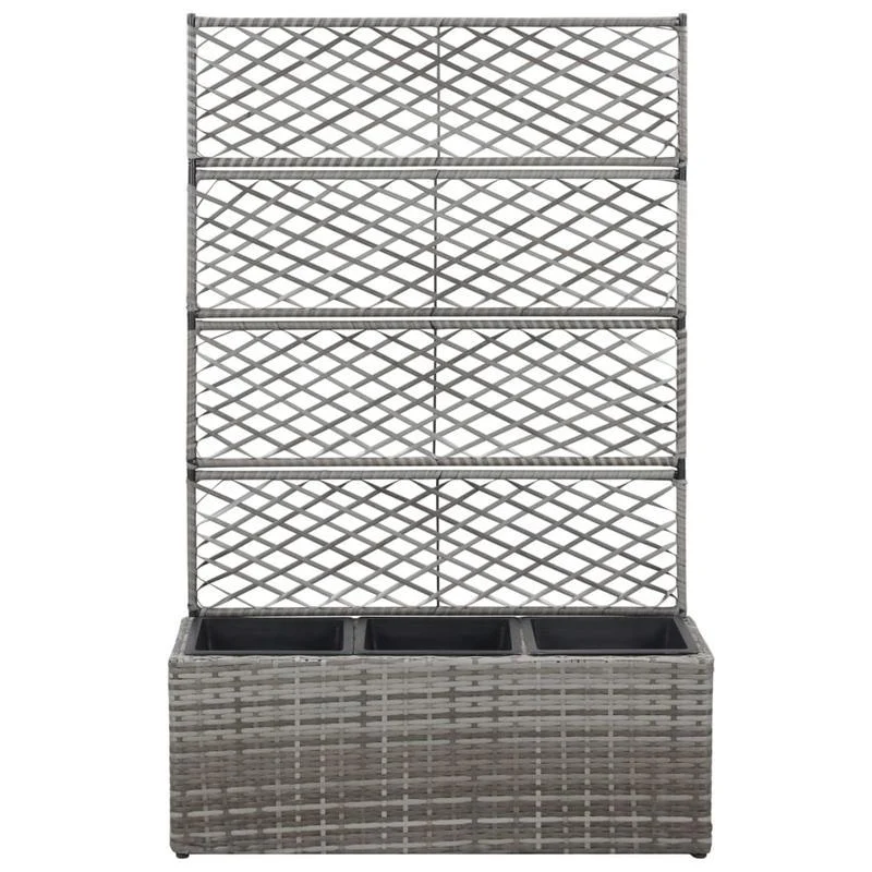 Plantenrek – Plantenstandaard – Bloemenrek – Bloempottenhouder – Pottenrek – Grigio – Polyrattan Materiaal – Verhoogde Trellis Structuur 3 Potten 83x30x130 cm