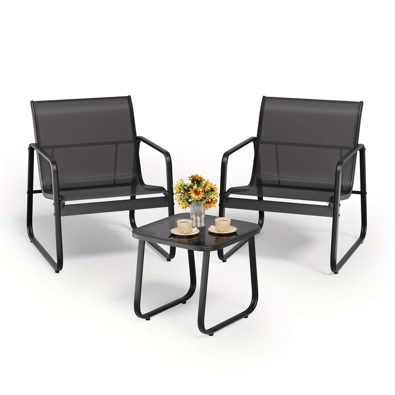 3-Delige Tuinset – Bistroset – Balkonset – Tuinmeubelset – Terrasset – Metalen Frame – Glas Tafelblad – Comfortabele Gebogen Rugleuning – Ademend Teslin Bekleding – Zwart