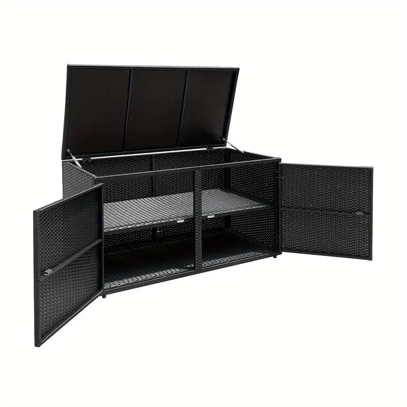 Opbergkast Buiten – Tuinkast – Opbergbox – Tuinkastje – Buitenkast – 2-laags Rattan – Weerbestendig Met Metalen Frame – 115x60x65 cm