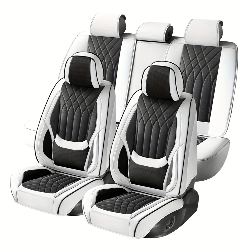 Universele Autostoelhoes – Stoelhoes Set – Autostoelbekleding – Autostoelhoesjes – Stoelbescherming – Premium PU Leder – Sponsvulling – Zwart Wit – All-Season – Handwas