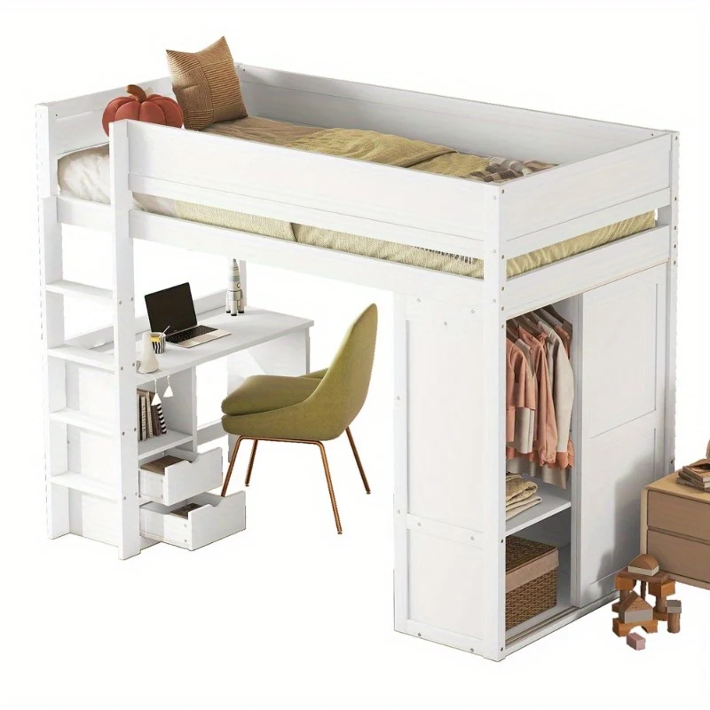 Hoogslaper – Stapelbed – Kinderbed – Eenpersoonsbed – Opbergbed – Ruimtebesparend – Met Kledingkast & Bureau – Duurzame Lichtgewicht Constructie – Modern Minimalistisch Wit Design
