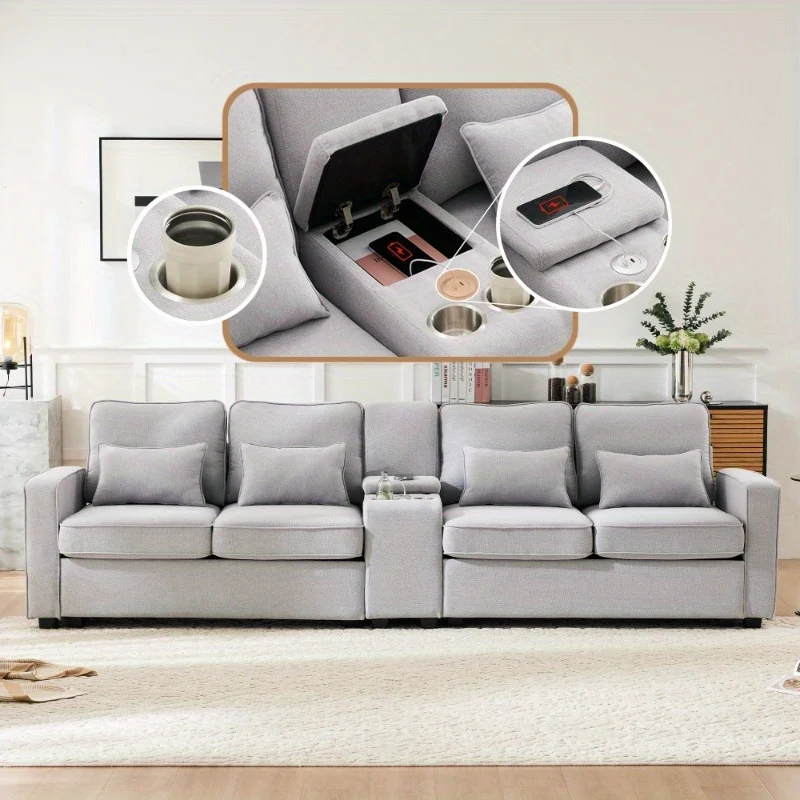 Bankstel – Hoekbank – 4-zitsbank – Slaapbank – Zitbank – Linnen Stoffering – Ingebouwde Console Met 2 Bekerhouders – Armleuning Met Opbergvakken – 4 Comfortabele Kussens – Duurzaam Gemengde Kleuren – Modern Minimalistisch Design