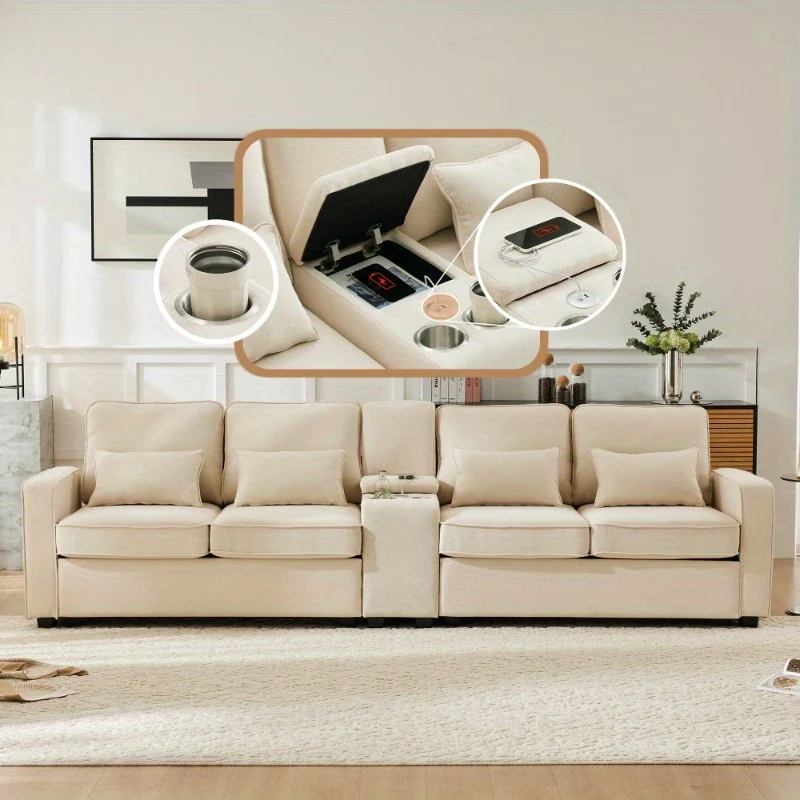 Bankstel – 4-Zitsbank – Zitbank – Hoekbank – Slaapbank – Modern Linnen – Console Met 2 Bekerhouders – Opbergruimte In Armleuning