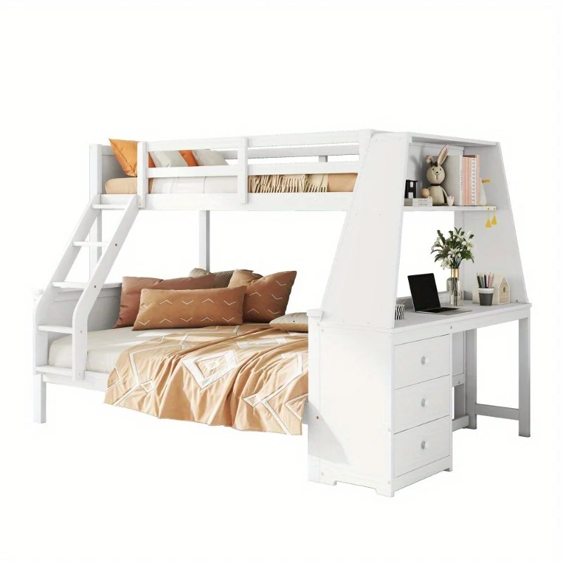 Stapelbed – Hoogslaper – Halfhoogslaper – Kinderbed – Multifunctioneel Bed – Wit – Met Bureau en Opbergruimte – 90x200 & 140x200 cm – Hoge Veiligheidsschuif