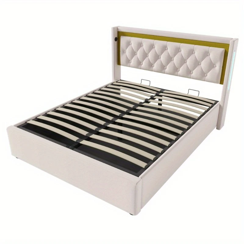 Tweepersoonsbed – Double Bed – Bedframe – Bed Met Opbergruimte – Slaapkamermeubel – 140x200 cm – USB Type-C Oplaadstation – Inclusief Matras