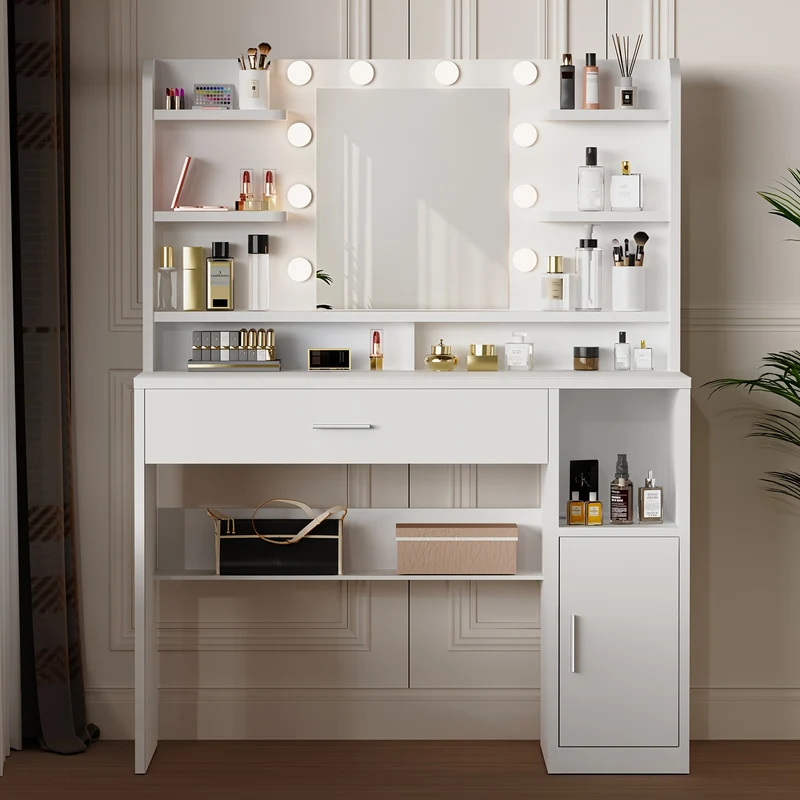 Kaptafel – Make-uptafel – Cosmeticatafel – Opmaaktafel – Dressingtable – Wit – MDF Hout – USB Verlichting – 108x40x140 cm – 6 Vakken & 2 Lades