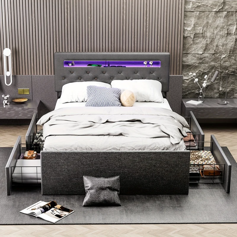 Bedframe – Bed – Ledikant – Slaapbed – Opbergbed – Modern Design – 4 Ruime Opberglades – Stofbekleding Grijs Linnen