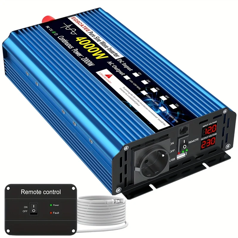 Omvormer – Spanningsomvormer – Stroomomzetter – Inverter – Converter – 4000W Pure Sinus – 12V/24V Naar 220V Met EU Stopcontact & Afstandsbediening