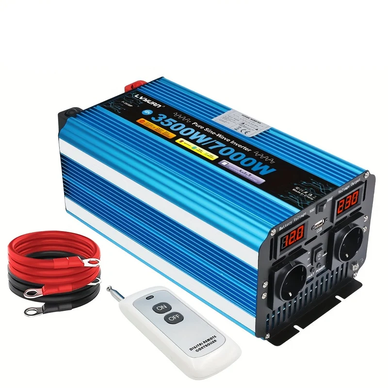Omvormer – Spanningsomvormer – Inverter – Stroomomzetter – 12V Variant – 3500W Continu Vermogen – Pure Sinusgolf Met Afstandsbediening