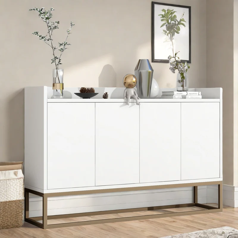 Dressoir – Buffet – Opbergkast – Kast – Sideboard – Wit MDF Met Metaal – 120x30x80 cm – 4 Deuren Met Verstelbare Planken