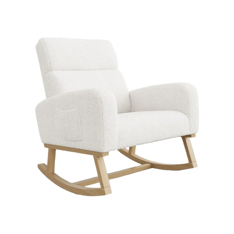 Schommelstoel – Relaxstoel – Fauteuil – Voedingsstoel – Loungestoel – Lammywol Bekleding – Ergonomische Hoge Rugleuning – Zijzakken – Wit