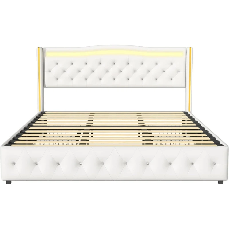 Bedkast – Tweepersoonsbed – Opbergbed – Led Bed – Ladebed – 140x200 cm – PU Leer – USB Oplaadpoorten