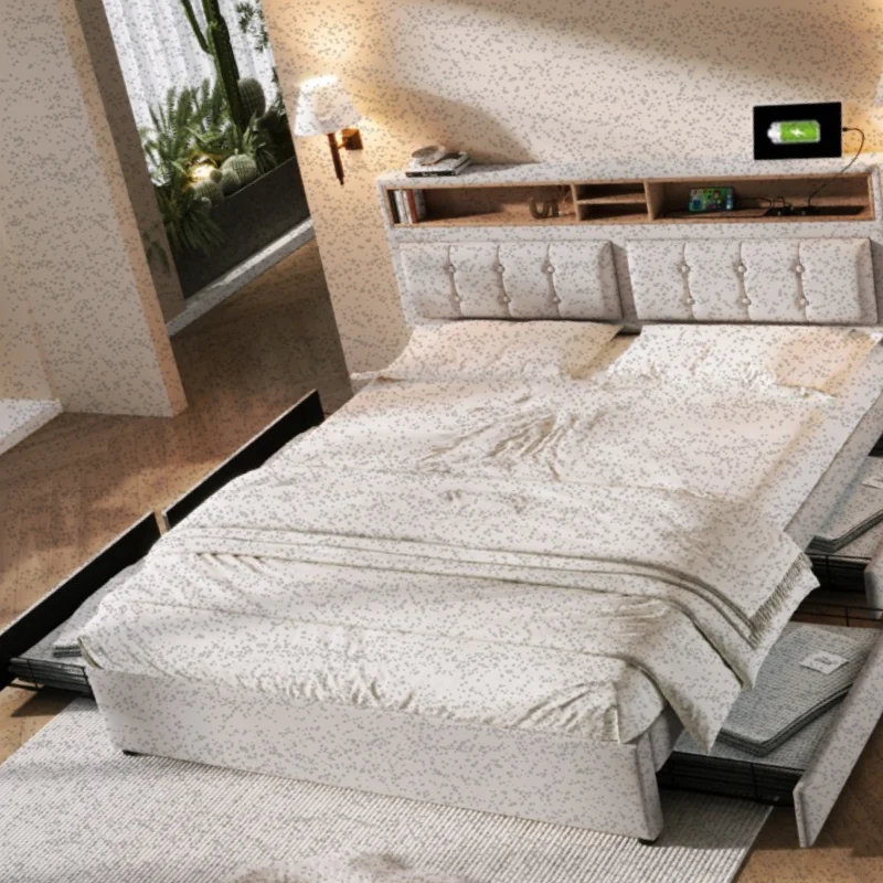 Bedkast – Tweepersoonsbed – Nachtkastje – Opbergbed – Slaapkamerkast – Verstelbaar Stoffen Hoofdbord – 4 Ruime Lades – 160x200 cm – Zonder Matras