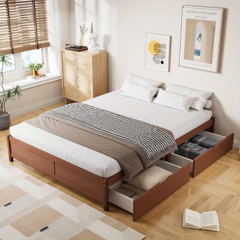 Bedframe – Vintage Bed – Slaapbank – Opbergbed – Lattenbodem – 140x200 cm – Stevig Dennenhout – Roodbruine Afwerking