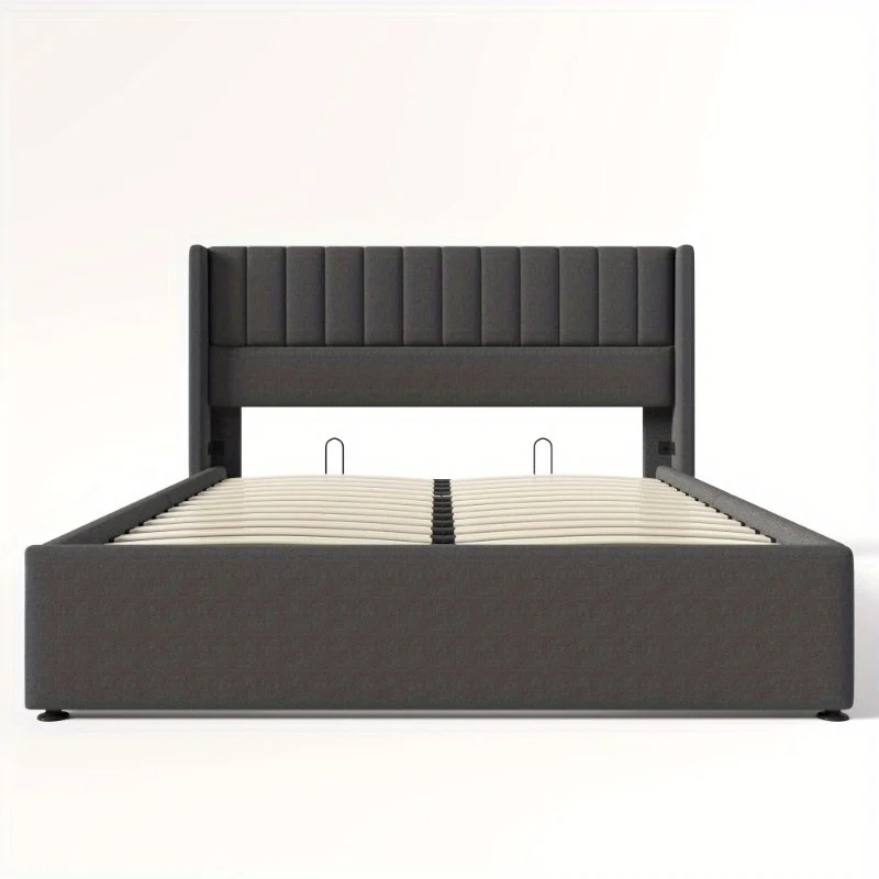 Tweepersoonsbed – 2-Persoonsbed – Bedframe – Bed – Slaapbed – Verstelbare Hoogte – Dubbele Laag Opbergruimte – 140x200 cm – Grijze Linnen Bekleding