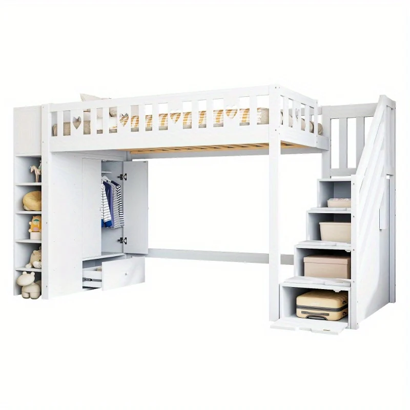 Hoogslaper – Opklapbaar Bed – Stapelbed – Kinderbed – Eenpersoonsbed – Wit Gelakt – Hartvormige Beveiliging – Opbergladder Met Planken – 90x200 cm – Zonder Matras