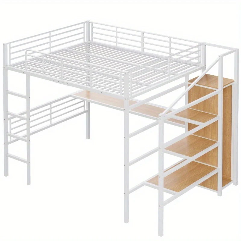 Hoogslaper – Stapelbed – Kinderbed – Eenpersoonsbed – Meubel – Met Bureau en Open Kledingrek – 140x200 cm – Wit Metaal – Stevig Frame & Ruime Opbergruimte