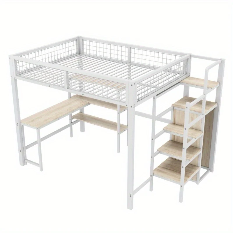 Bedframe – Hoogslaper – Stellingbed – Bedframe Met Opbergladders – Metalen Bed – Wit – 140x200 cm – Duurzaam Metalen Frame – Ruimtebesparend Design