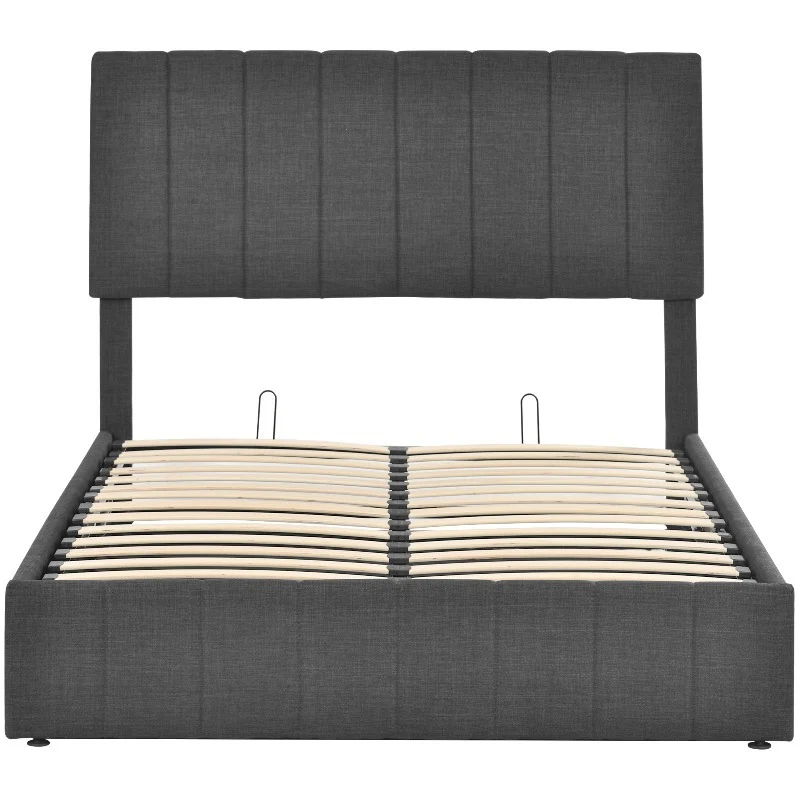 Bedframe – Tweepersoonsbed – Boxspring – Opbergbed – Slaapbank – Hydraulisch Verstelbaar Hoofdeinde – Metalen Frame – 140x200 cm – Grijze Linnen Bekleding – Opberglades – Eenvoudige Montage – Zonder Elektriciteit