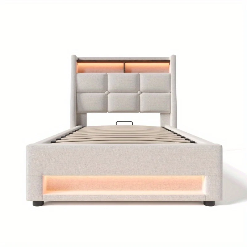 Eenpersoonsbed – 1-persoonsbed – Bed – Slaapbed – Logeerbed – Metalen Frame – Linnen Bekleding – Inclusief Matras – 90x200 cm