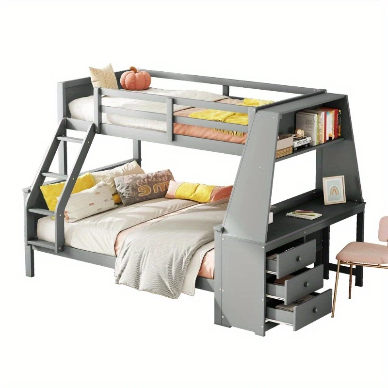 Stapelbed – Etagebed – Hoogslaper – Kinderbed – Slaapbank – Modern Grijs – Met Bureau en Opbergruimte – Veiligheidsreling – Ruimtebesparend Ontwerp