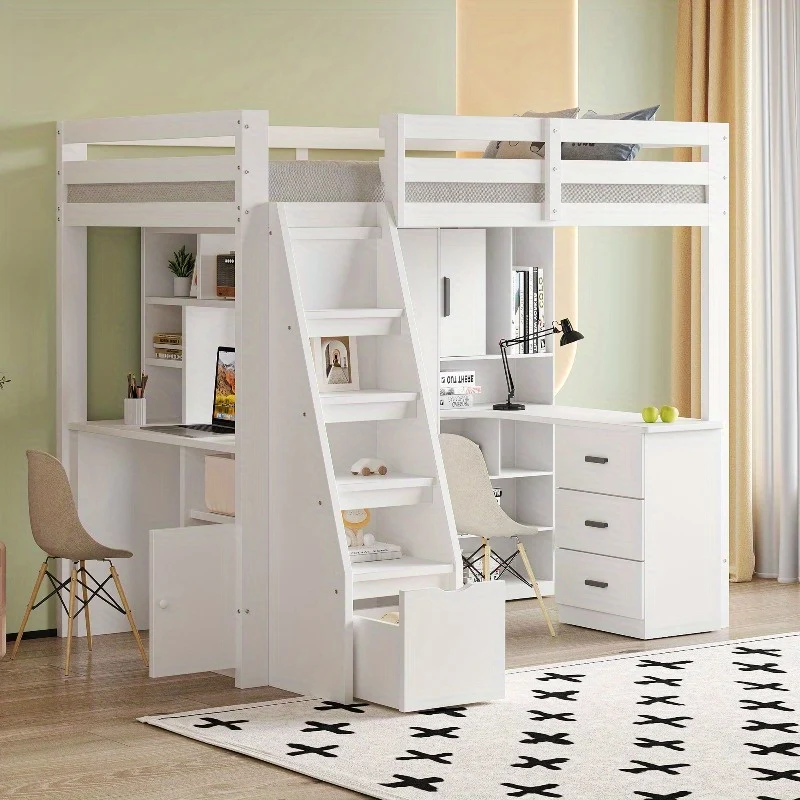 Hoogslaper – Stapelbed – Bedbank – Kinderbed – Eenpersoonsbed – Met Bureau en Opbergruimte – Stevig Wit Frame – 200 cm Hoog