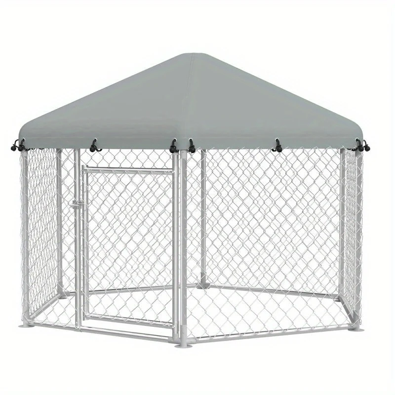 Hondenkennel – Buitenren – Hondenhok – Dierenverblijf – Hondenkooi – Gegalvaniseerd Staal – Zonnescherm Dak – 210x185x150 cm – Afsluitbare Deur – Weerbestendig