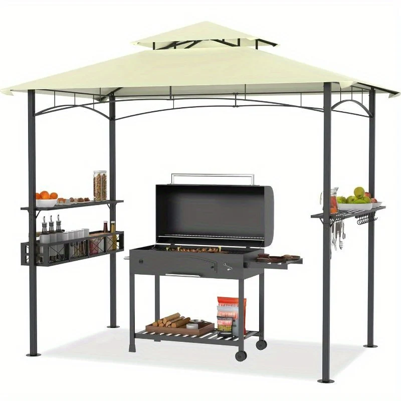 BBQ Overkapping – BBQ Paviljoen – Tuinpaviljoen – Barbecue Tent – Tuinoverkapping – Beige Zwart – Stevig Metaal Frame – Water- en UV-bestendig Doek – 244x138x250 cm